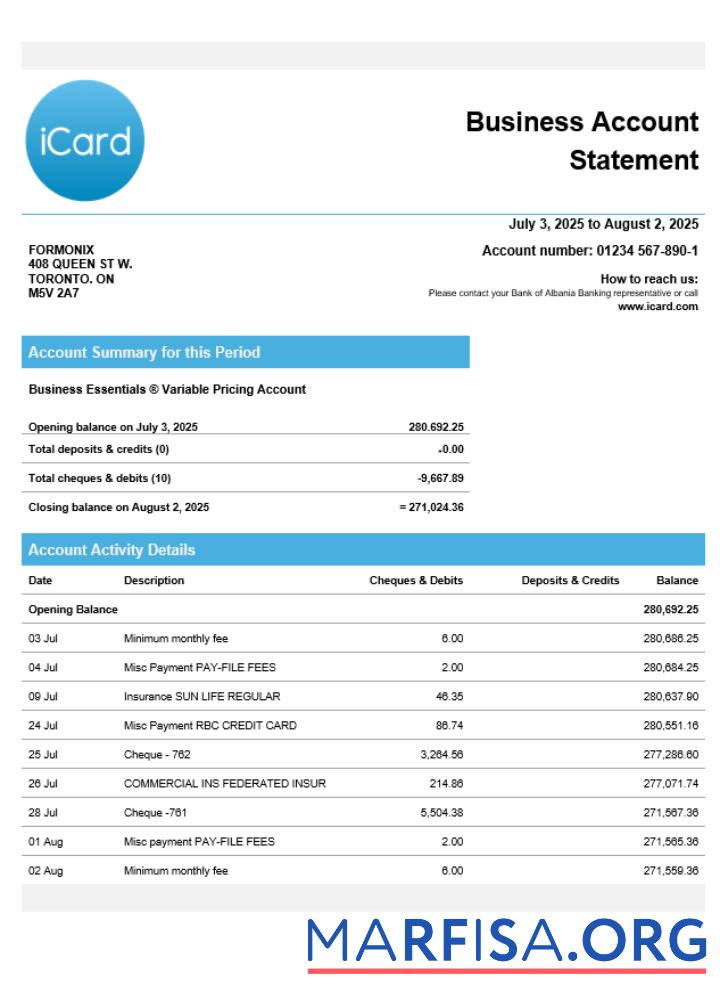 Downloadable Ukraine Icard business checking account statement Word and PDF template